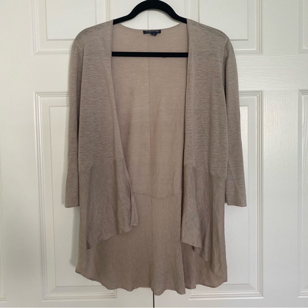 Eileen Fisher Linen Silk Open Front Knit Cardigan S Beige Drape Lagenlook Beachy